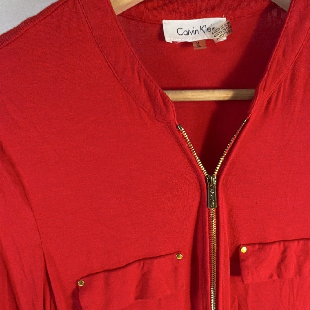Calvin Klein Women's Red Solid Knit Zip Neck Roll Tab 3/4 Sleeve Blouse M